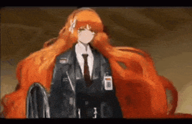 a girl with long red hair is wearing a suit and tie and holding a briefcase .