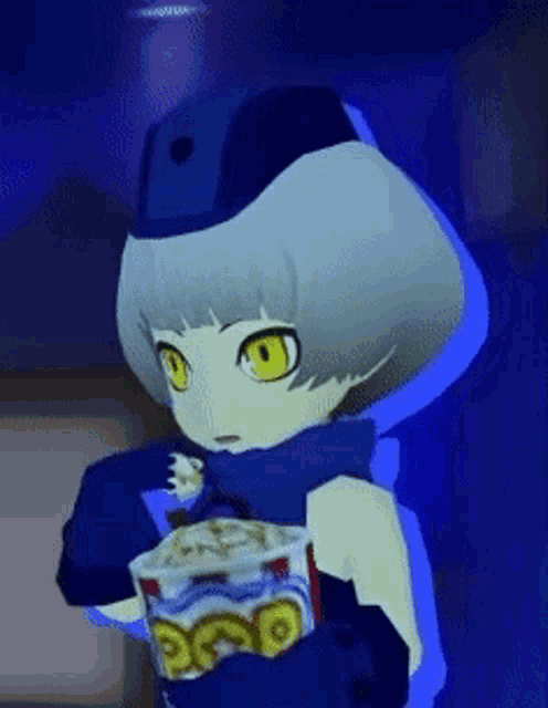 a cartoon character is holding a cup of popcorn