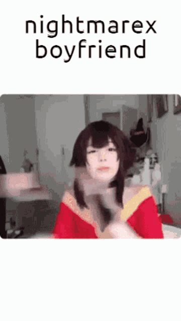 a girl in a red dress is standing in a room with the words nightmarex boyfriend written on the bottom .