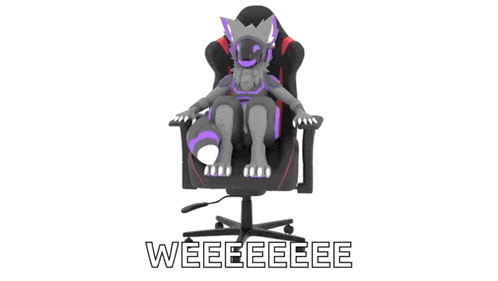 a 3d rendering of a furry character sitting in an office chair .