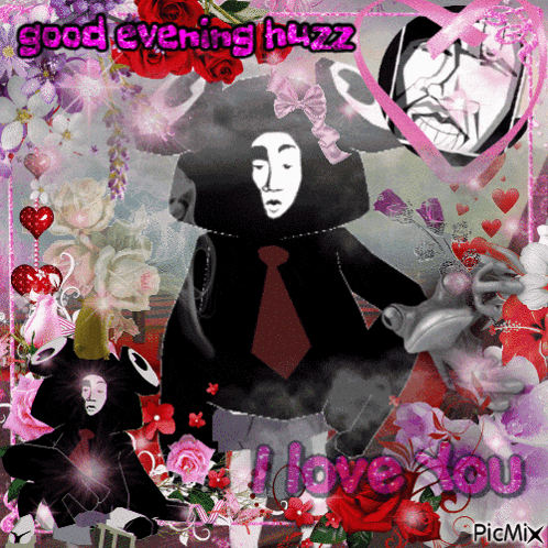 a collage of flowers and hearts with the words good evening huzz i love you