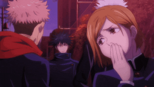 a group of anime characters are standing next to each other and one of them is covering her mouth