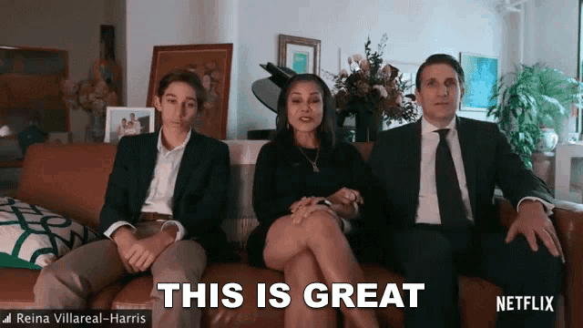 a family is sitting on a couch with the words " this is great " written on the bottom