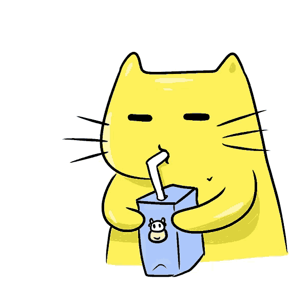 a yellow cartoon cat drinking from a carton of milk