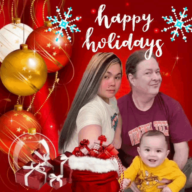 a happy holidays greeting card with a woman holding a baby