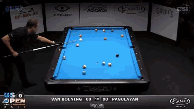 a man is playing pool in front of signs that say griff 's oh-mae-ga and cyclop