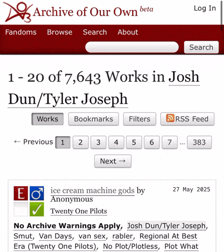 a screenshot of the archive of our own beta website showing 1-20 of 7,643 works in josh dun / tyler joseph