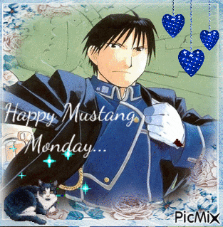a picture of a man with the words happy mustang monday written on it
