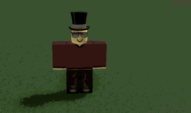 a roblox character wearing a top hat , sunglasses and a red shirt is dancing in a field .