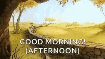 a cartoon scene with the words good morning afternoon written on it
