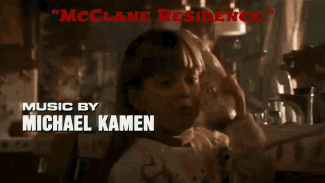 a little girl is talking on a phone with the words music by michael kamen below her