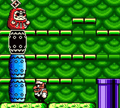 a pixel art screenshot of a video game with a totem pole and a cartoon character .