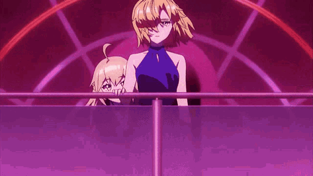 two anime girls are standing next to each other on a balcony in a purple room .