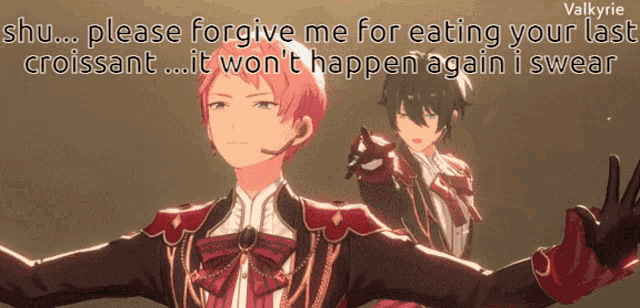 two anime characters are standing next to each other with the words " please forgive me for eating your last croissant it won t happen again "
