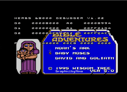 a video game called bible adventures shows a woman holding a child