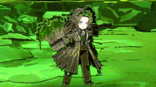 a cartoon girl is holding a gun and shield in a green background .