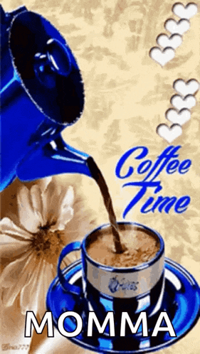 a cup of coffee is being poured from a blue coffee pot ..