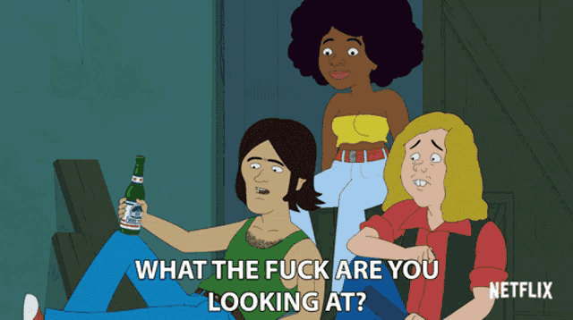 a cartoon shows a man holding a bottle of beer and the words what the fuck are you looking at