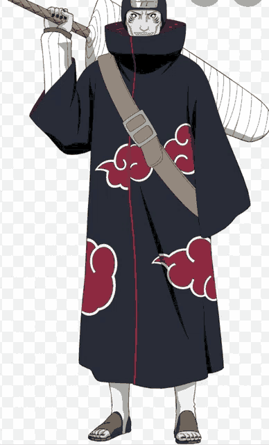 a cartoon character wearing a black coat with red clouds and holding a sword