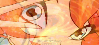 a close up of a cartoon character 's eyes with the words rainbow s.r.l. production written on the bottom