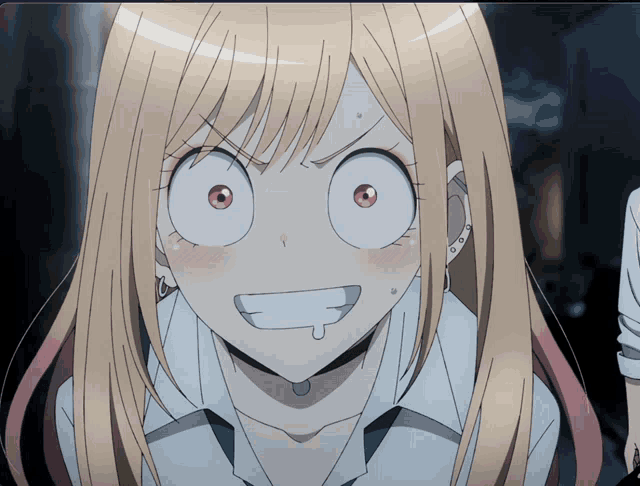 a close up of a blonde anime girl with a surprised look on her face