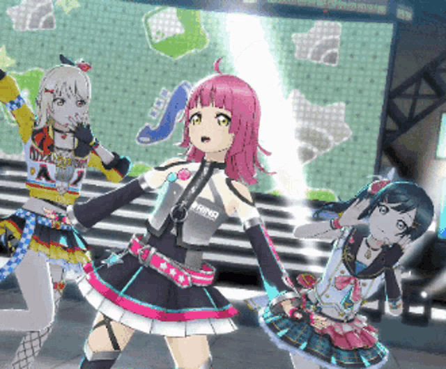 a group of anime girls are dancing and one of them is wearing a shirt that says ' nirvana '