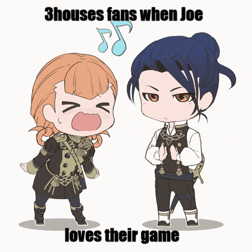 a cartoon of a boy and a girl with the words 3houses fans when joe loves their game