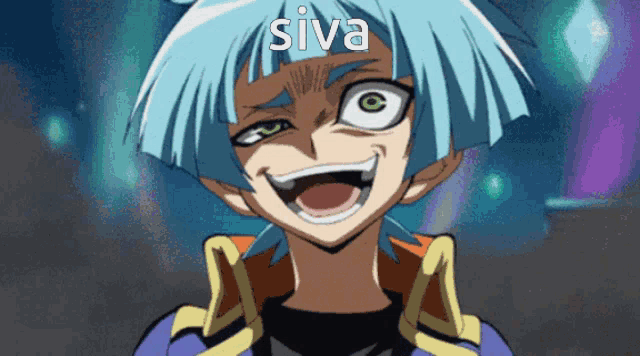 a blue haired anime character with the word siva on his face