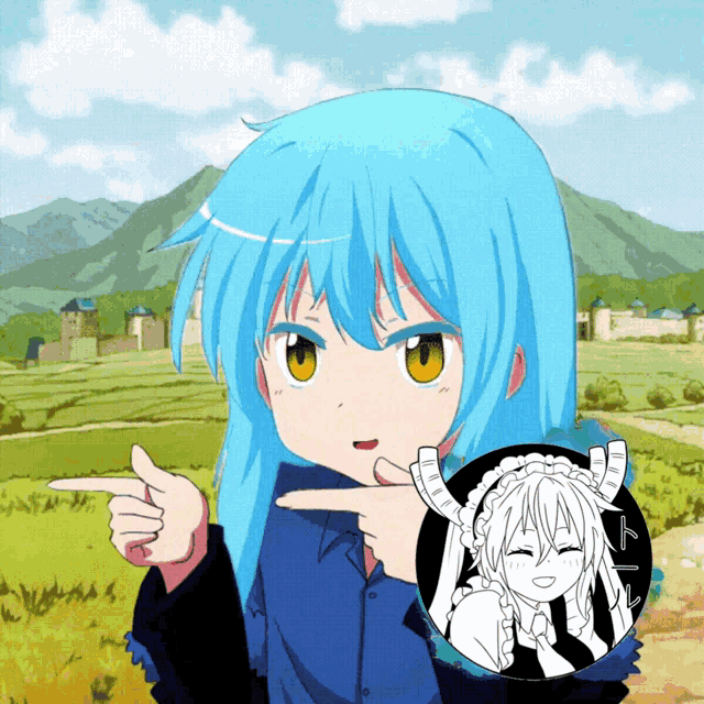 a blue haired anime girl is pointing at a picture of a maid