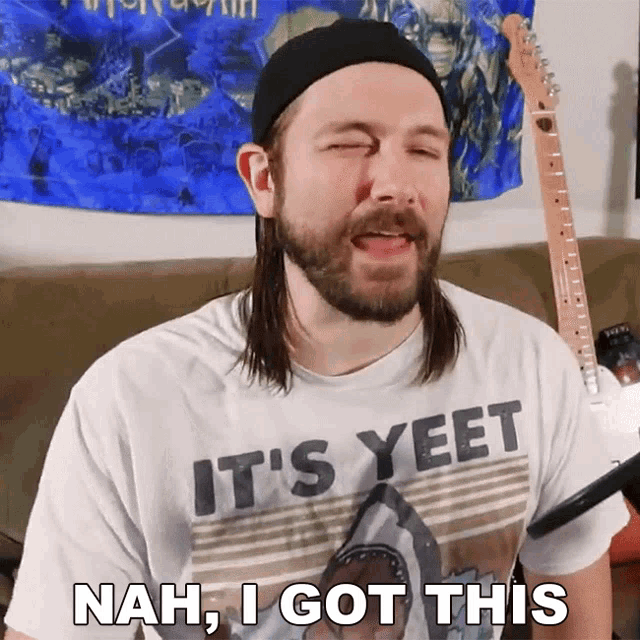 a man wearing a shirt that says it 's yeet