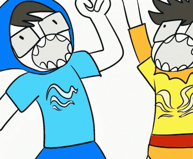 a cartoon of a man wearing a blue shirt and a yellow shirt