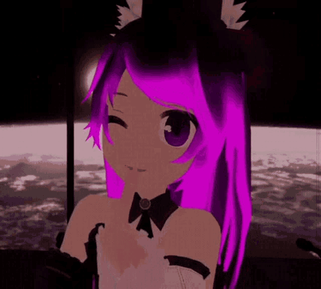 a cartoon girl with purple hair and ears is looking out a window .