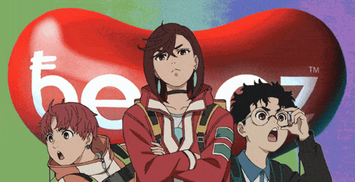 a group of anime characters are standing in front of a red bean that says tm