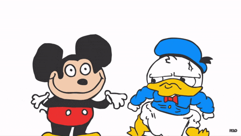 a cartoon of mickey mouse holding an orange object