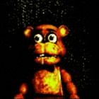 five nights at freddy 's freddy the bear is standing in the dark with a black background .