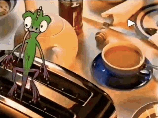 a cartoon lizard is sticking its head out of a toaster
