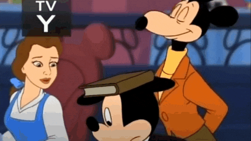 mickey mouse and goofy are standing next to a woman in a blue dress .
