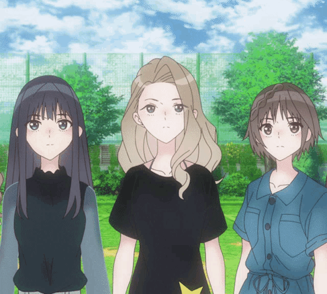 three anime girls standing next to each other in a field