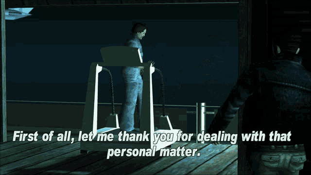 a man on a treadmill with the words " first of all let me thank you for dealing with that personal matter " below him