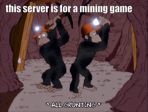 a cartoon of two chimpanzees mining with the caption " this server is for a mining game all grunting "