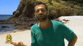 a man in a green shirt is standing on a beach with the letters g and t on his shirt