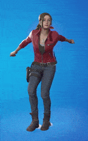 a woman wearing a red leather jacket and jeans is dancing on a blue background .