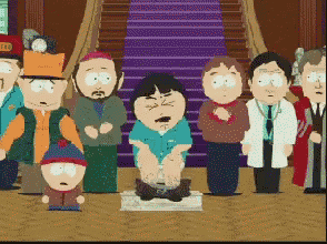a group of south park characters standing in front of a staircase