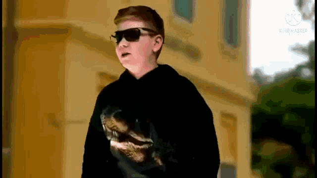 a young boy wearing sunglasses and a black hoodie is standing in front of a yellow building .