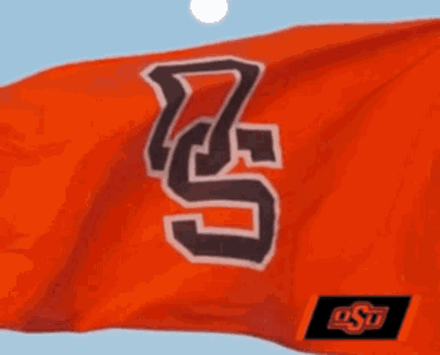 an orange flag with the letter s on it is flying in the wind