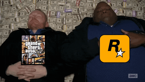 two men laying on top of a pile of money with a grand theft auto 5 poster