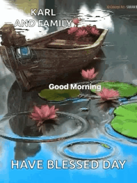 a boat is floating on top of a pond with lotus flowers .