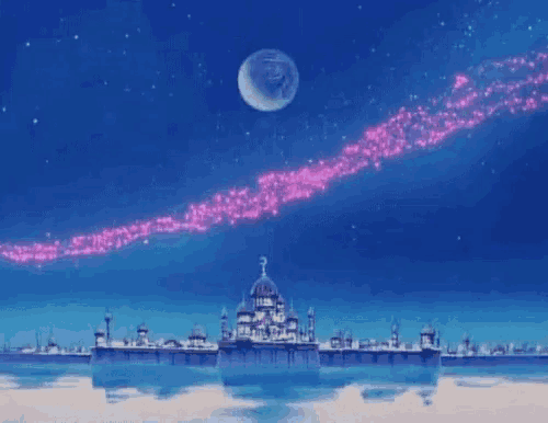 a castle in the middle of a body of water with a full moon in the sky .