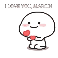 a cartoon character is holding a heart in his hands and says `` i love you , marco '' .
