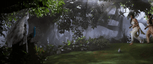 a man and a woman are walking through a forest
